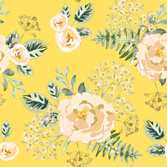 Flowers and leaves bouquets, yellow background. Rose, fern, greenery. Floral illustration. Vector seamless pattern. Botanical design. Nature plants