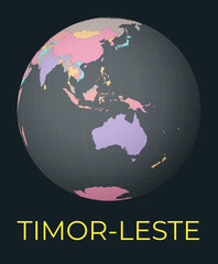 World map centered to Timor-Leste. Red country highlighted. Satellite world view centered to country with name. Vector Illustration.