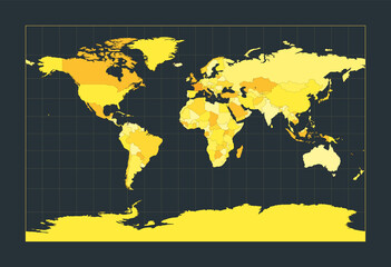 World Map. Cylindrical stereographic projection. Futuristic world illustration for your infographic. Bright yellow country colors. Appealing vector illustration.