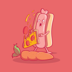 Hot Dog slicing a carrot with pizza slice vector illustration. Food, funny, comic design concept.