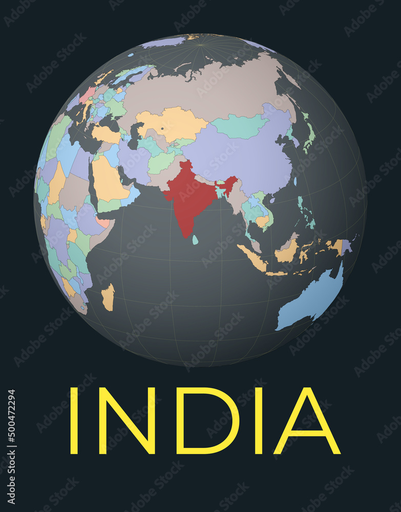 Poster world map centered to india. red country highlighted. satellite world view centered to country with 