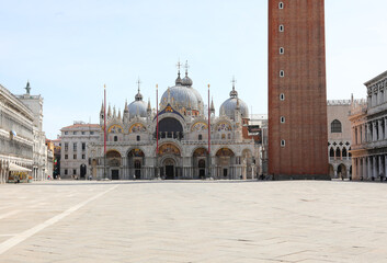 Venice, VE, Italy - May 18, 2020: St. Mark Square called Piazza San Marco without people during the...