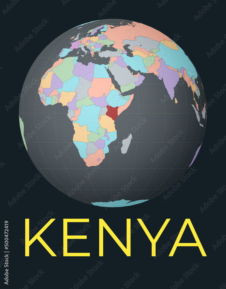 Poster world map centered to kenya. red country highlighted. satellite world view centered to country with 