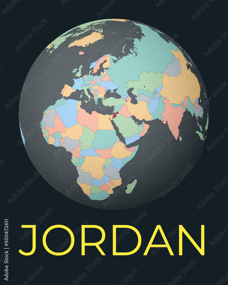 Poster world map centered to jordan. red country highlighted. satellite world view centered to country with