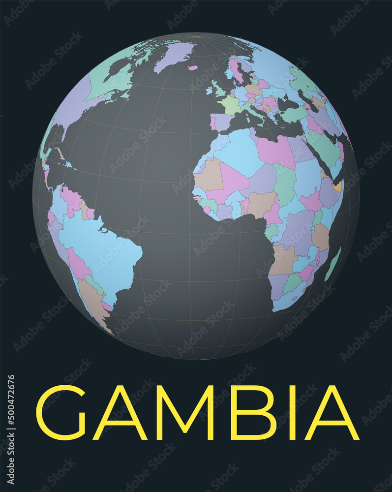 Poster world map centered to gambia. red country highlighted. satellite world view centered to country with
