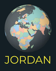 World map centered to Jordan. Red country highlighted. Satellite world view centered to country with name. Vector Illustration.