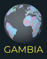 World map centered to Gambia. Red country highlighted. Satellite world view centered to country with name. Vector Illustration.