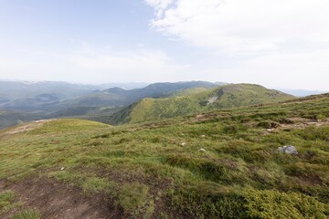 Panorama of mountains in the Ukrainian Carpathians on a summer day.
