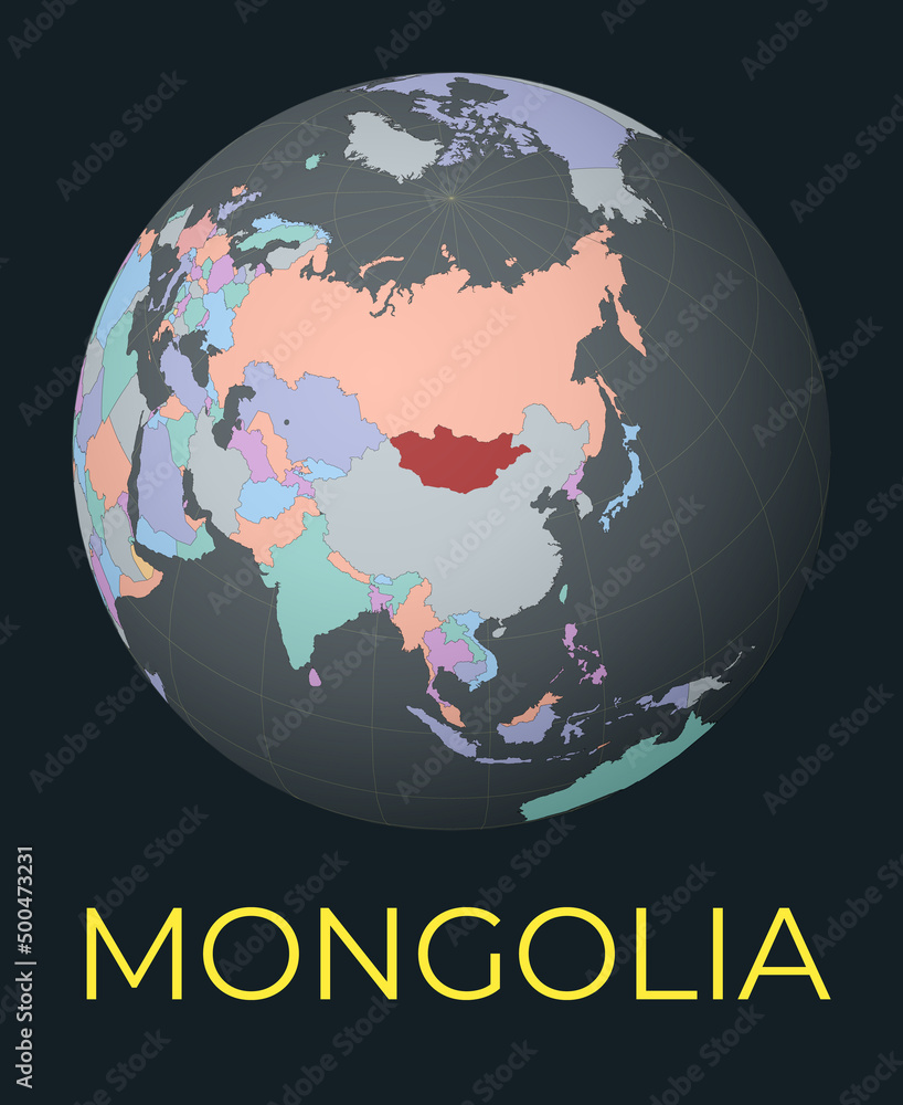 Poster world map centered to mongolia. red country highlighted. satellite world view centered to country wi
