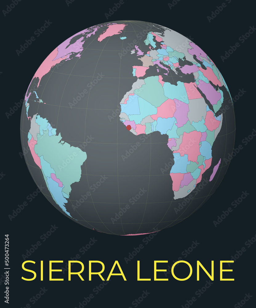 Poster world map centered to sierra leone. red country highlighted. satellite world view centered to countr