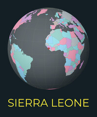 World map centered to Sierra Leone. Red country highlighted. Satellite world view centered to country with name. Vector Illustration.