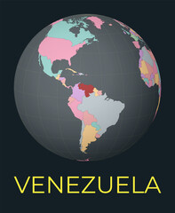 World map centered to Venezuela. Red country highlighted. Satellite world view centered to country with name. Vector Illustration.