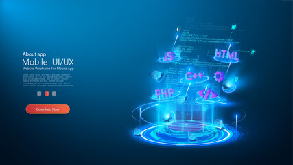 Program code and programming languages on blue glowing background. Abstract technological experience of software developer and a computer script. Page template on topic of programming and development.