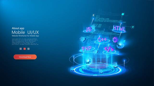 Program code and programming languages on blue glowing background. Abstract technological experience of software developer and a computer script. Page template on topic of programming and development.