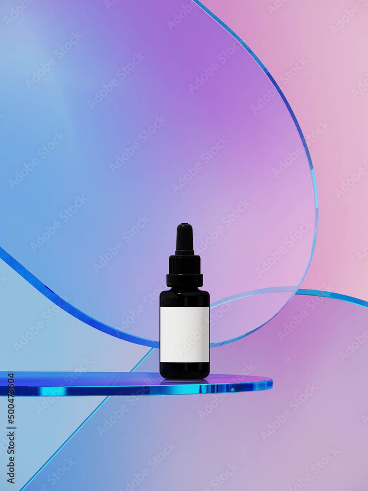 Poster minimal abstract background for product presentation. product podium on iridescent holographic circl