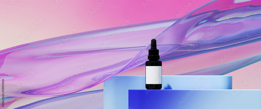 Poster minimal abstract background for product presentation. gradient podium on iridescent holographic wavy