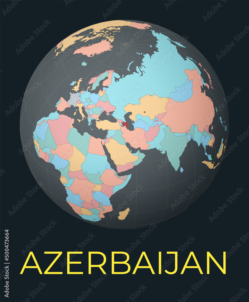 Poster world map centered to azerbaijan. red country highlighted. satellite world view centered to country 