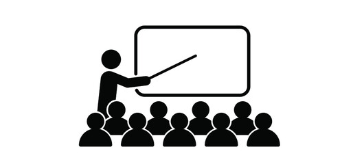 Cartoon stickman business or teacher represented by presentation. Stick figure man or businessman pointing at a board. Training class, meeting presentation icon or pictogram. students, study idea.