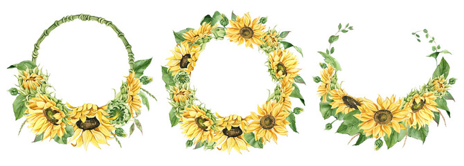 Hand drawn frames and wreaths of sunflowers and green leaves for cards, wedding invitations, posters, backgrounds, business cards, scrapbooking, notebooks,