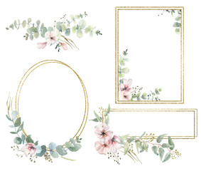 Hand drawn watercolor wreaths and frames made of eucalyptus leaves and branches with gold. for cards, wedding invitations, posters, backgrounds, business cards, scrapbooking, notepads,