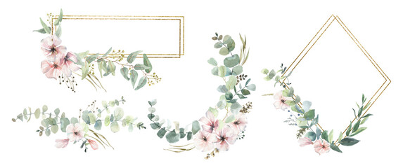 Hand drawn watercolor wreaths and frames made of eucalyptus leaves and branches with gold. for cards, wedding invitations, posters, backgrounds, business cards, scrapbooking, notepads, © Yevheniia Poli