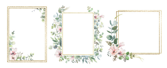 Hand drawn watercolor wreaths and frames made of eucalyptus leaves and branches with gold. for cards, wedding invitations, posters, backgrounds, business cards, scrapbooking, notepads,