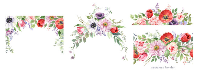 Watercolor frames and wreaths of spring flowers with golden geometric frames. Bouquets and borders, drawn by hand. For wedding invitation, greeting cards, posters, scrapbooking