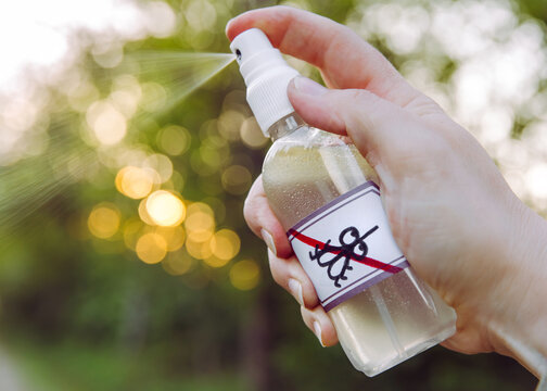 Close up view of woman hand holding and using DIY homemade essential oil based mosquito repellent outdoors in forest in the evening.