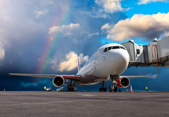 Passenger airplane at the airport runway against a bright blue sky and a rainbow. The plane is preparing for the flight.