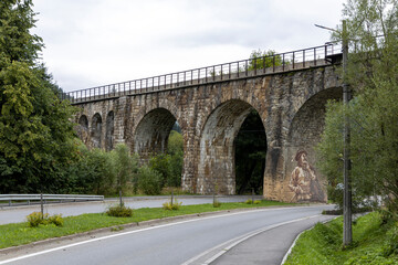 Old railway arch bridge. Panorama.