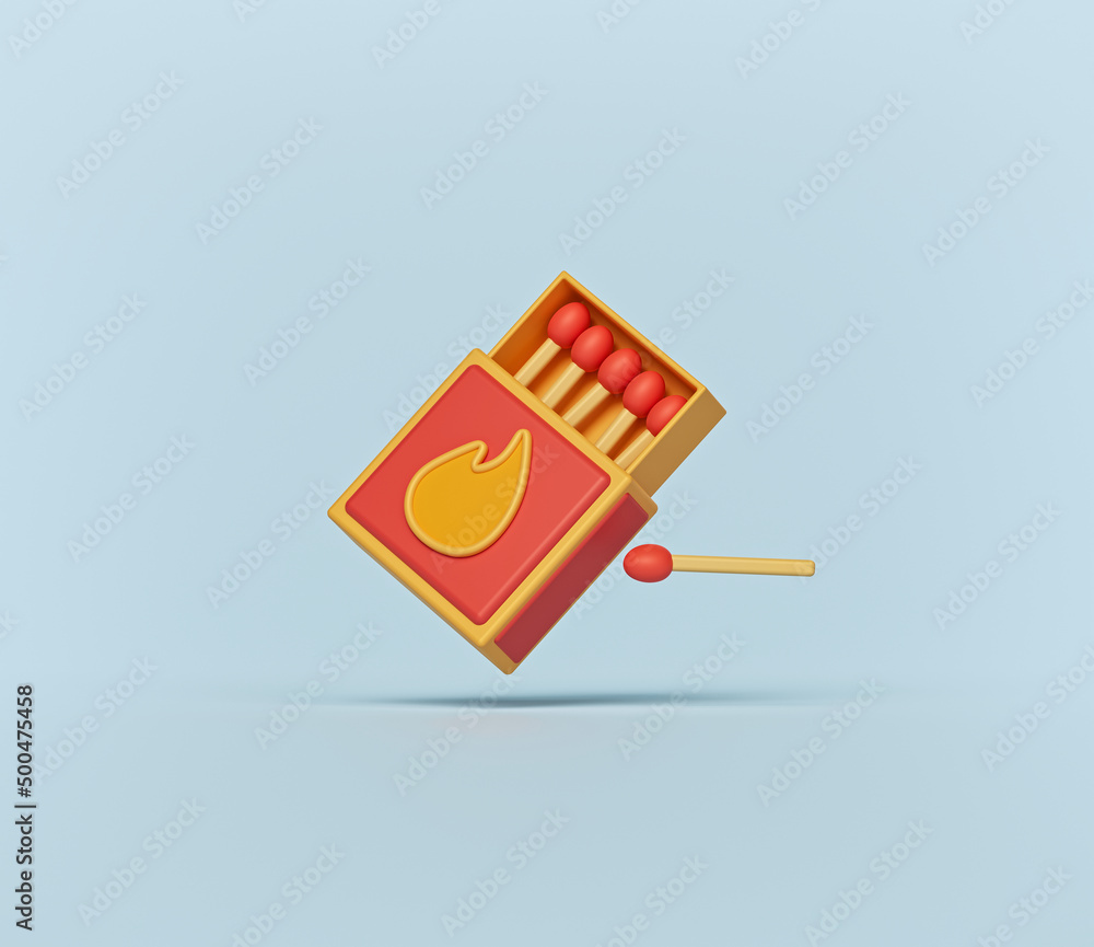 Poster 3d cartoon style match box and match stick isolated. 3d rendering