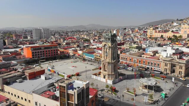 Monumental Clock Tower on Central Square. Aerial View of Pachuca, Hidalgo state, Mexico
