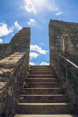 Montenegro, Old Town 0f Kotor. Wall of ancient fortifications with staircase. Detail of Gurdic Bastion Fortress