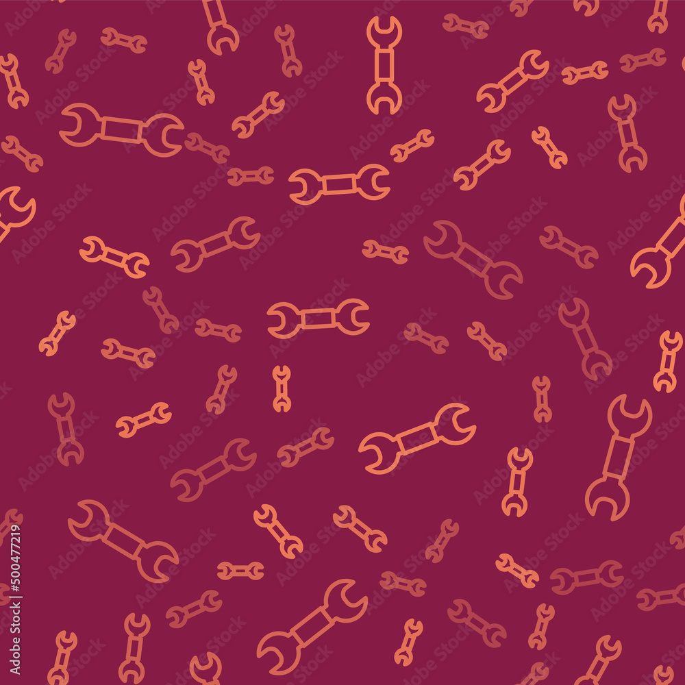 Poster brown line wrench spanner icon isolated seamless pattern on red background. spanner repair tool. ser