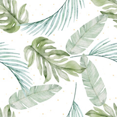Watercolor seamless pattern with green tropical leaves on white background