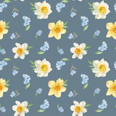 Floral pattern with daffodils and forget-me-nots, watercolor illustration