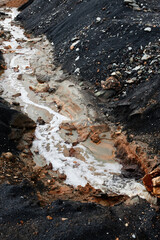 Close-up of dirty water on black soil with rocks and clay, bad environmental situation concept