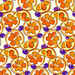 Citrus orange, blueberries vector pattern on yellow background. Summer bright fruits. Wrapping paper.