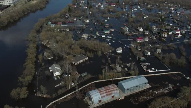 Aerial view of a flooded village