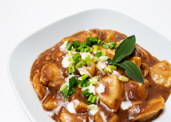 Vegan food. Close-up of homemade dumplings in gravy, in bowl, on white.