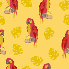 Seamless pattern with cute cartoon parrot bird on branch. Vector illustration for wallpaper, fabric, textile. Summer exotic print. Tropical parrot with floral monstera leaves