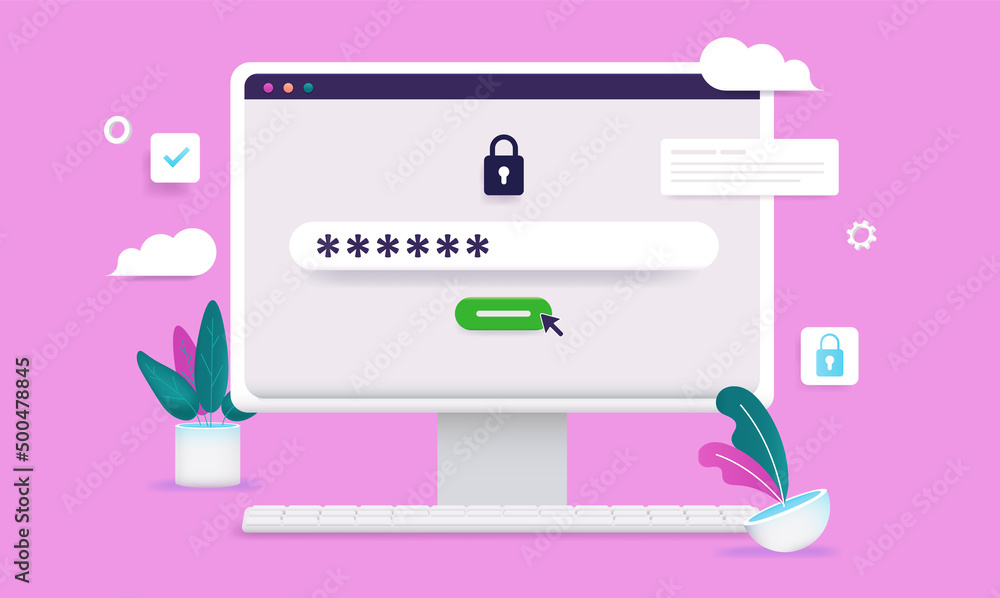 Poster Filling in password - Computer screen with password protection and hidden text. Technology security and protection concept in cartoon style vector illustration