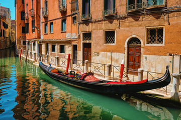 Fototapeta na wymiar Narrow canal between colorful old houses with gondola boat in Venice, Italy