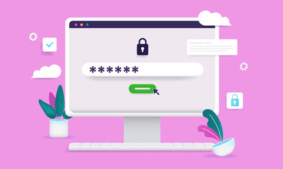 Filling in password - Computer screen with password protection and hidden text. Technology security and protection concept in cartoon style vector illustration