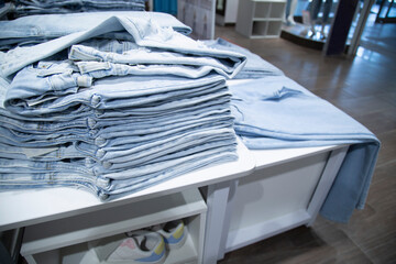 A store selling jeans products.Jeans on the store counter.