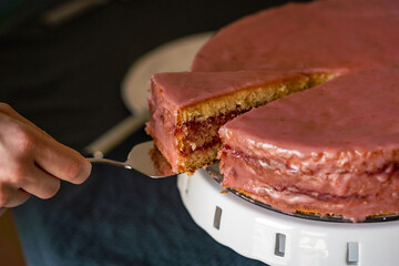 Delicious home made punch Cake - Sweet Dessert on White cake stand on Table, mothers day, Culinary sweet and juicy dessert serving