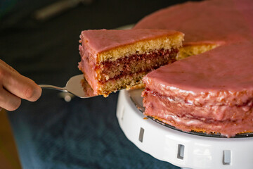 Delicious home made punch Cake - Sweet Dessert on White cake stand on Table, mothers day, Culinary sweet and juicy dessert serving