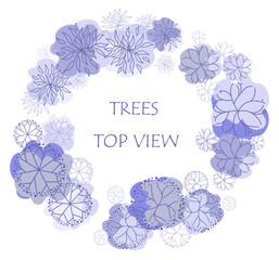 Set of trees. Entourage design. Various trees, bushes, and shrubs, top view for the landscape design plan.
