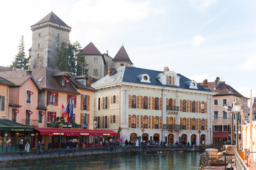 Annecy. FRANCE - December 30, 2021: View of the river Thiou flowing through the city of Annecy