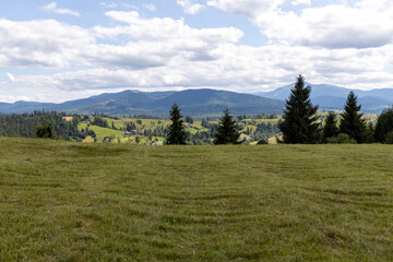 Panorama of mountains in the Ukrainian Carpathians on a summer day.
